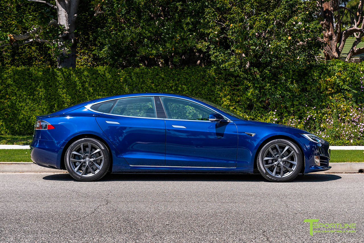 Deep Blue Metallic Tesla Model S with 19" TSS Flow Forged Wheels in Space Gray by T Sportline 