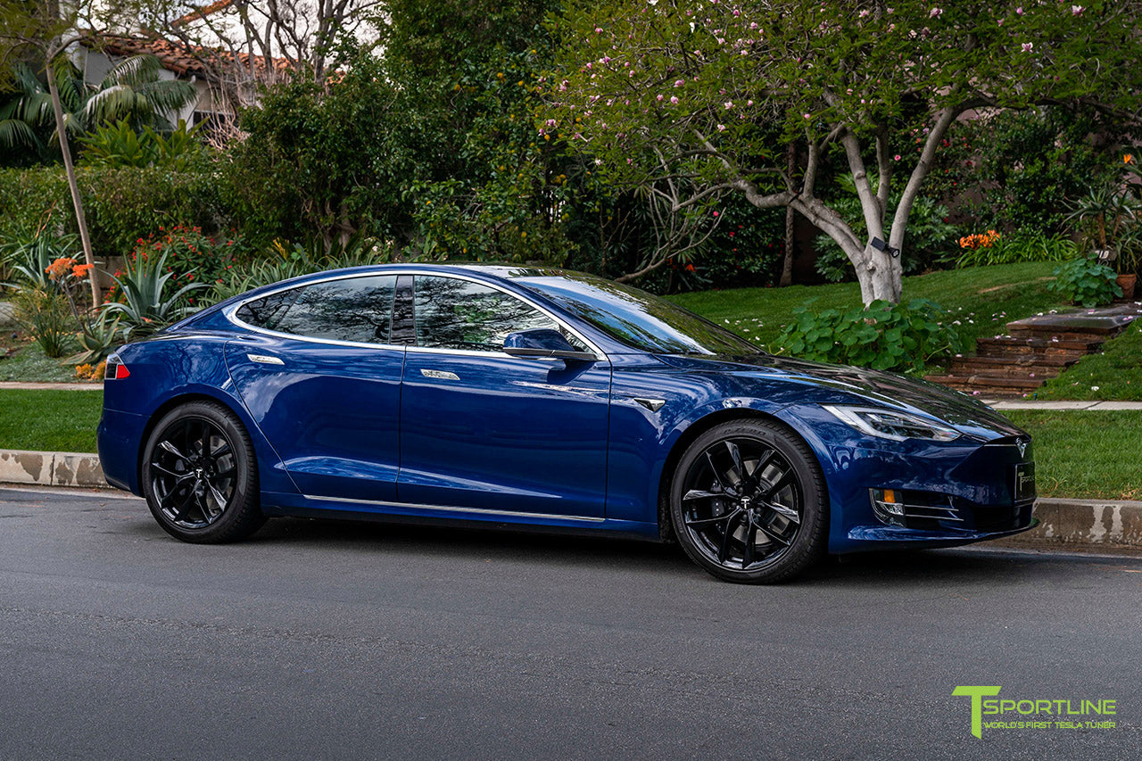 Deep Blue Metallic Tesla Model S with 20" TSS Flow Forged Wheels in Gloss Black by T Sportline 