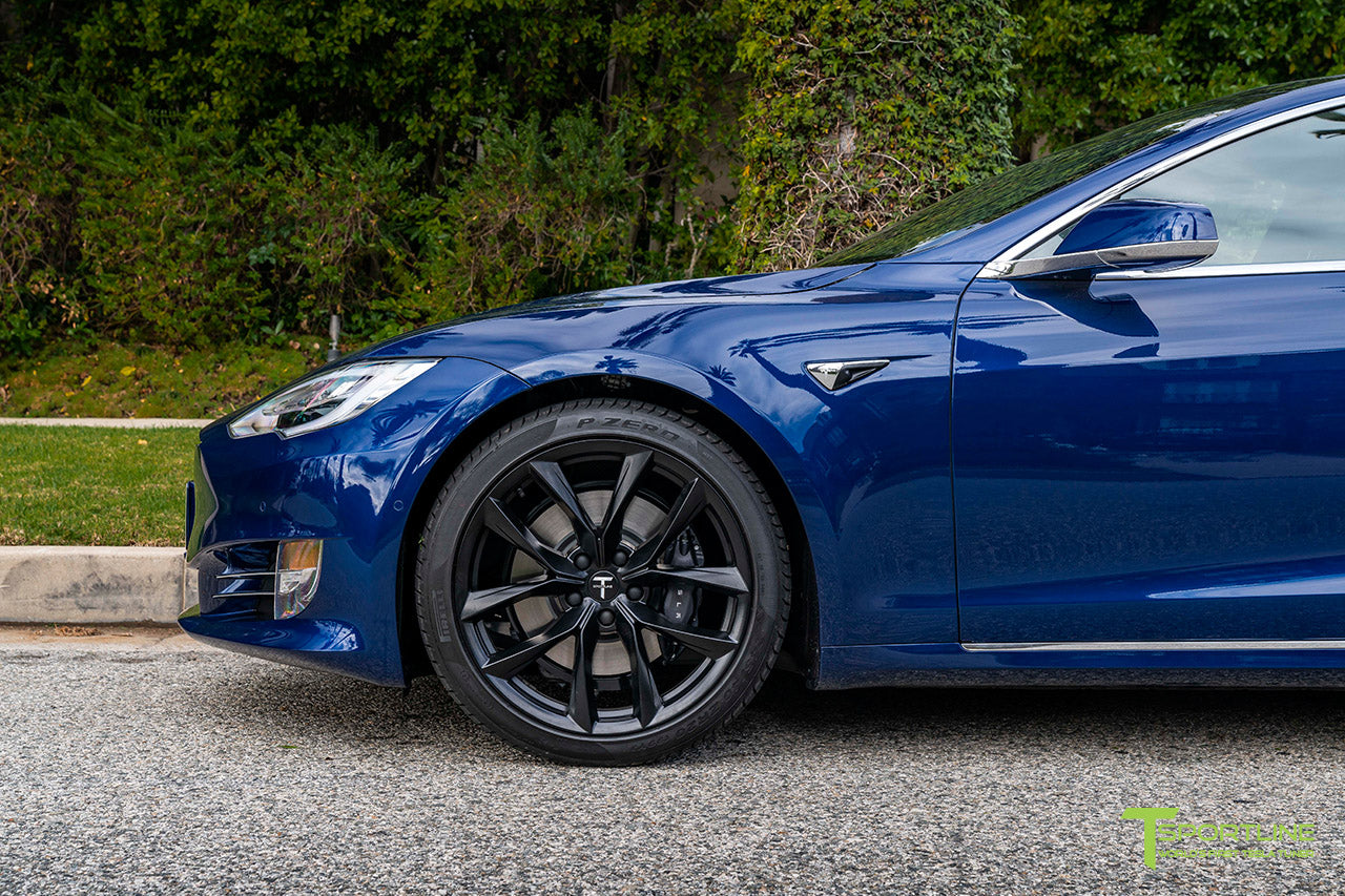 Deep Blue Metallic Tesla Model S with 20" TSS Flow Forged Wheels in Matte Black by T Sportline 