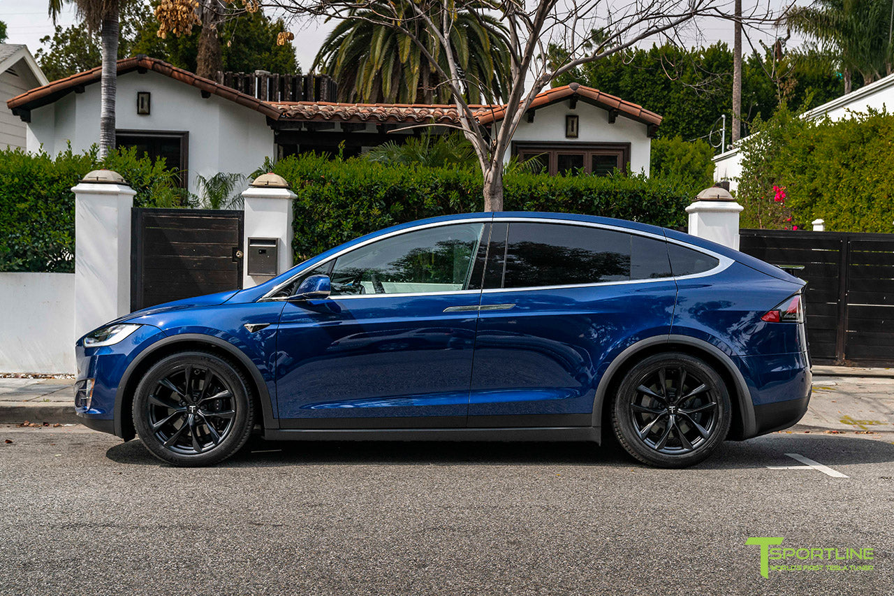 Deep Blue Metallic Tesla Model X with 20" TSS Flow Forged Wheels in Matte Black by T Sportline 