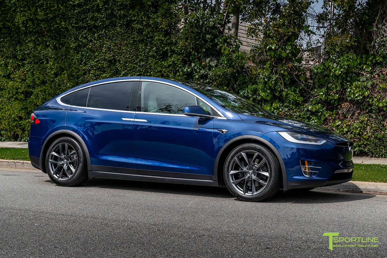 Deep Blue Metallic Tesla Model X with 20" TSS Flow Forged Wheels in Space Gray by T Sportline 