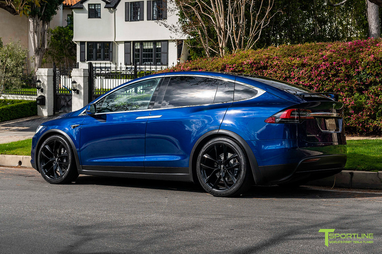 Deep Blue Metallic Tesla Model X with 22" TSS Flow Forged Wheels in Gloss Black by T Sportline 