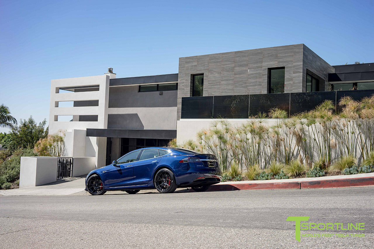Deep Blue Metallic Tesla Model S 2.0 with Gloss Black 21 inch TS115 Forged Wheels 