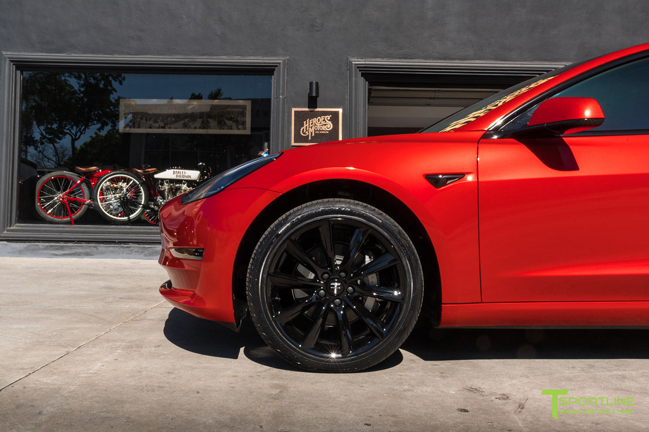 Dragon Fire Red Tesla Model 3 with Gloss Black 19 inch TST Turbine Style Wheels by T Sportline