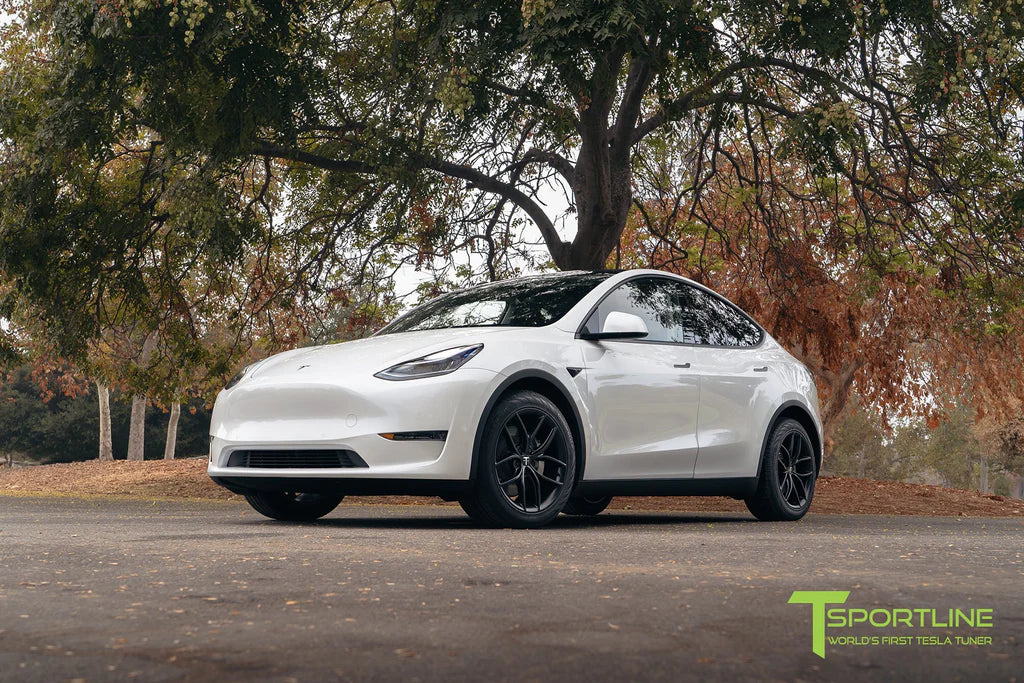 White Tesla Model Y with 19 TS5 Flow Forged Wheels T Sportline Tesla Model S 3 X Y Accessories