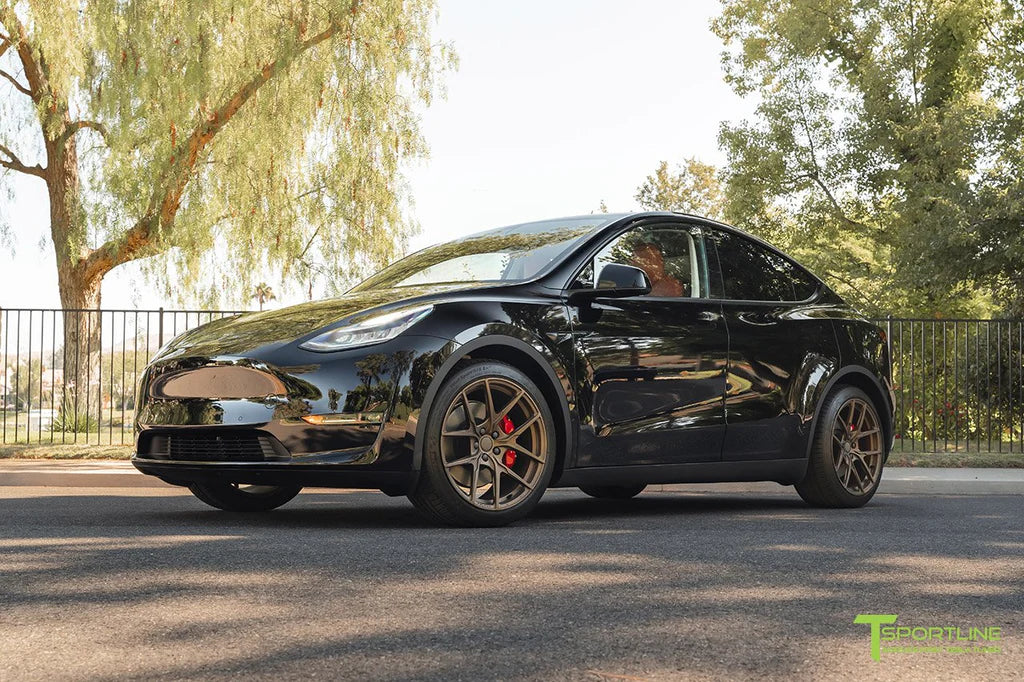 Black Tesla Model Y with Red Leather Interior Seat Upgrade