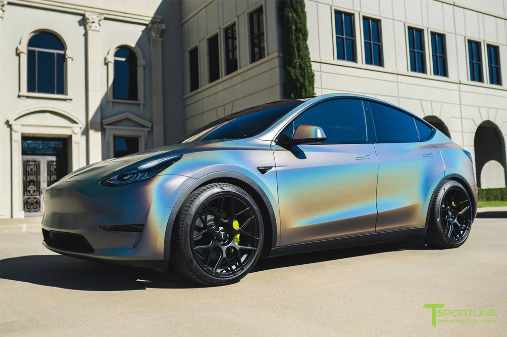 3M Satin Flip Psychedelic Tesla Model Y Performance with TY117 21" Forged Wheels