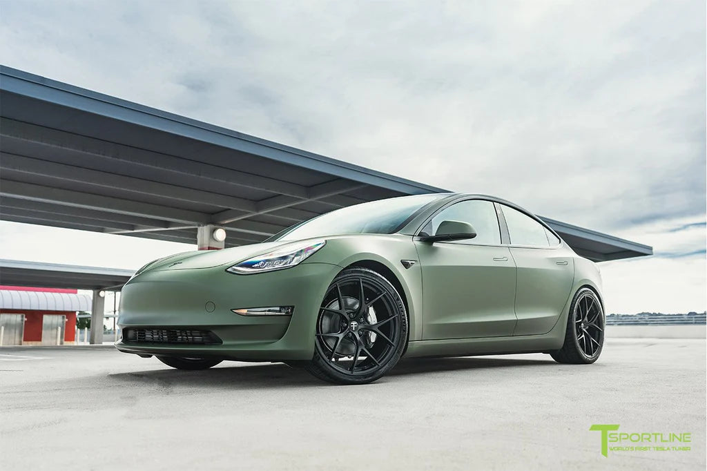 3M Matte Military Green Tesla Model 3 with 20" M3115 Forged Wheels