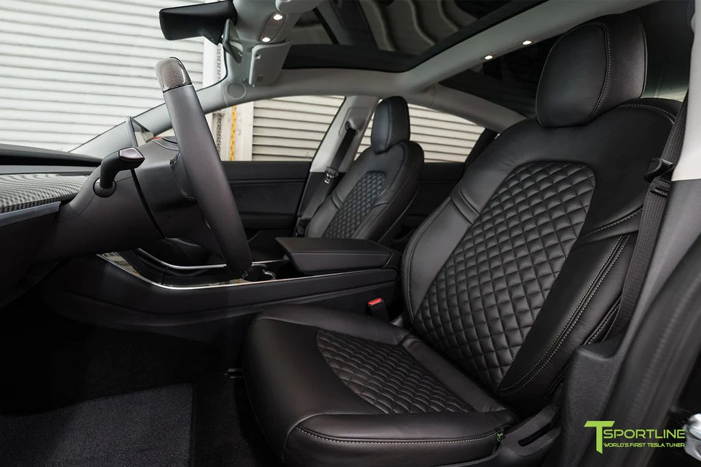 Black Leather Seat Upgrade - Signature Diamond - Gloss Carbon Fiber Trim