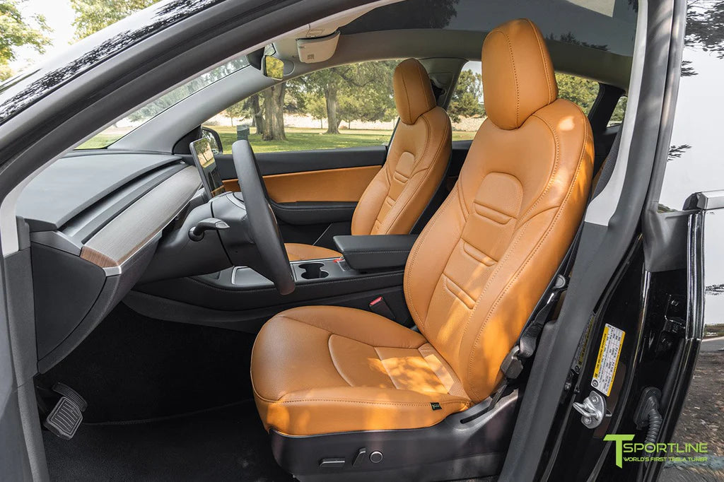Tesla Model Y Tan Interior Perforated Seat Upgrade