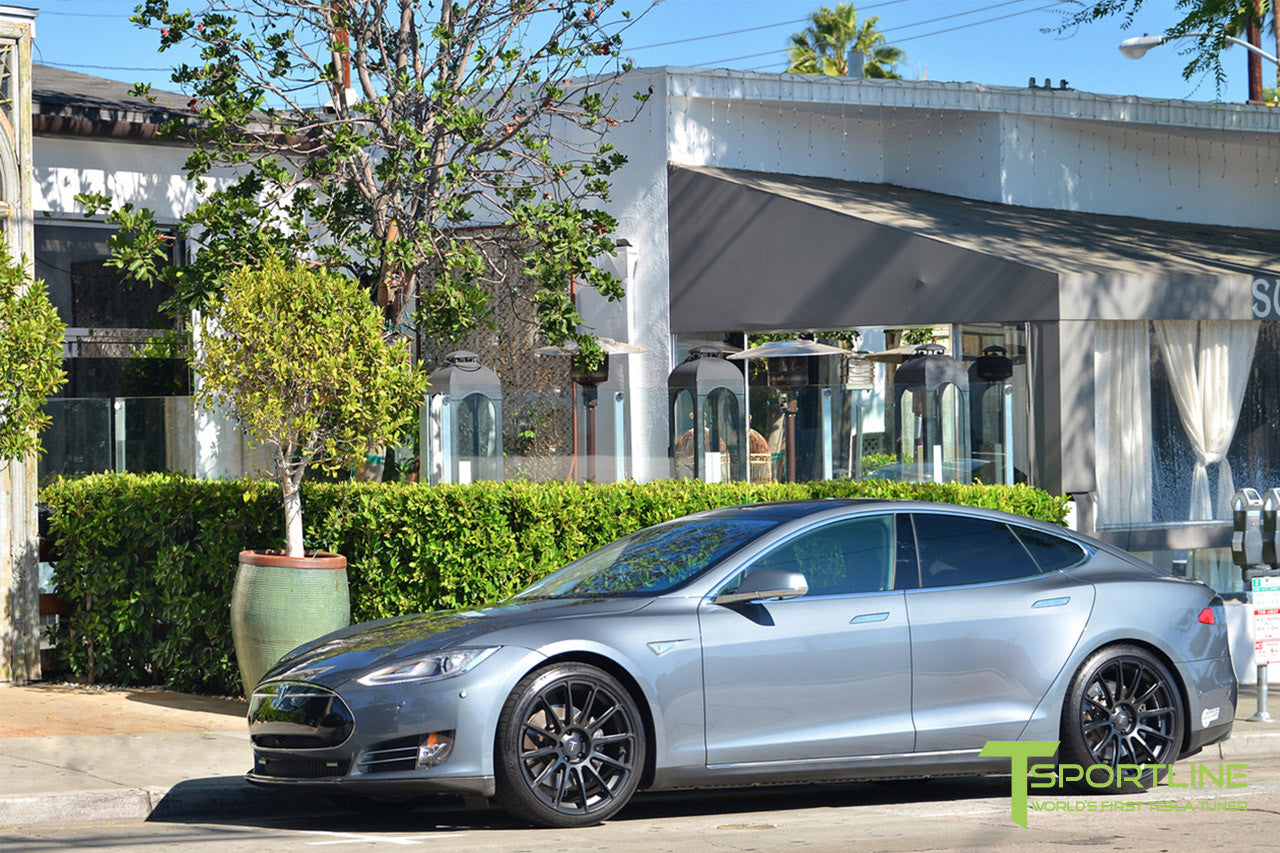 Gray Tesla Model S 1.0 with Matte Black 21 inch TS112 Forged Wheels 