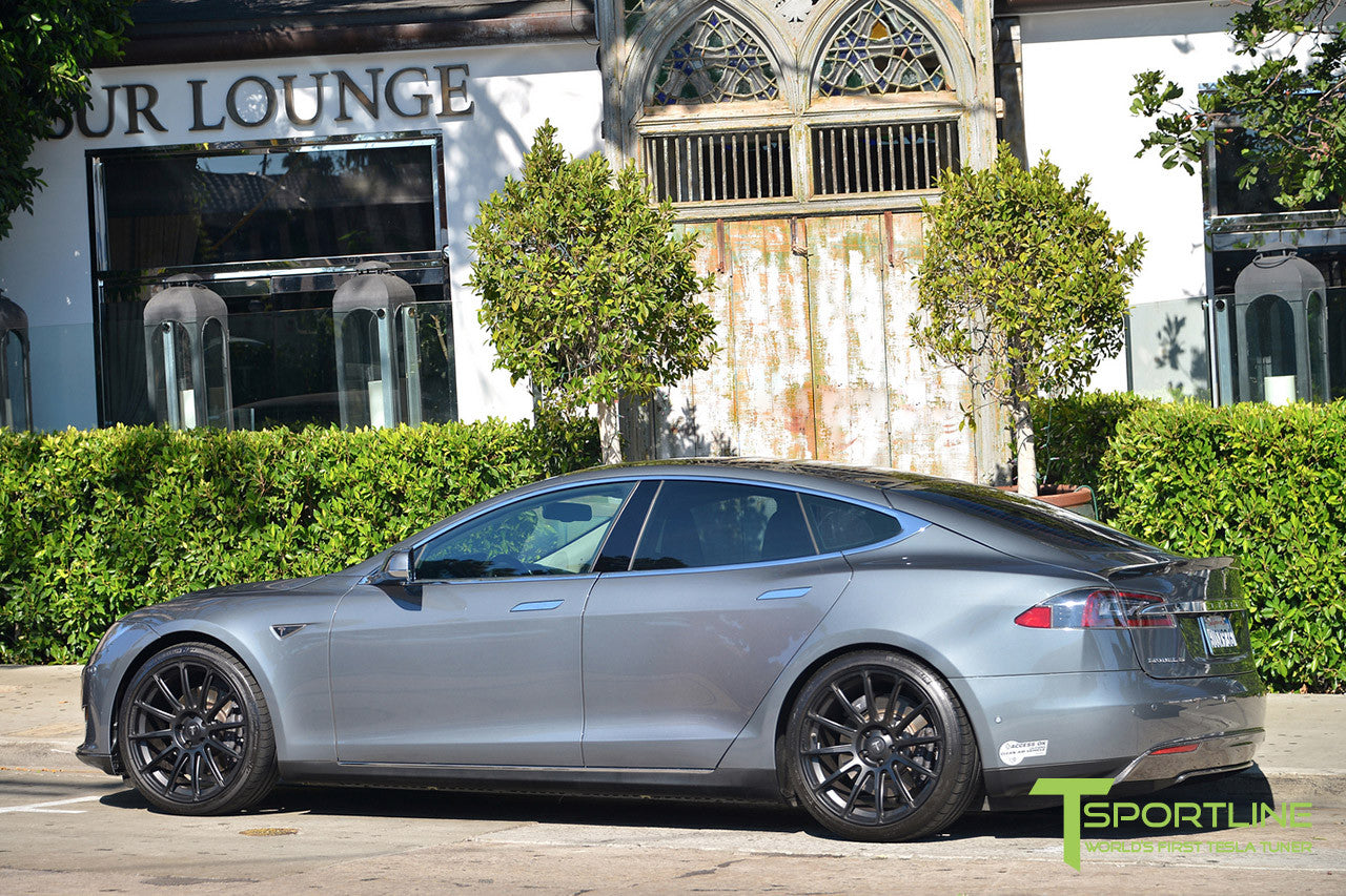 Gray Tesla Model S 1.0 with Matte Black 21 inch TS112 Forged Wheels 