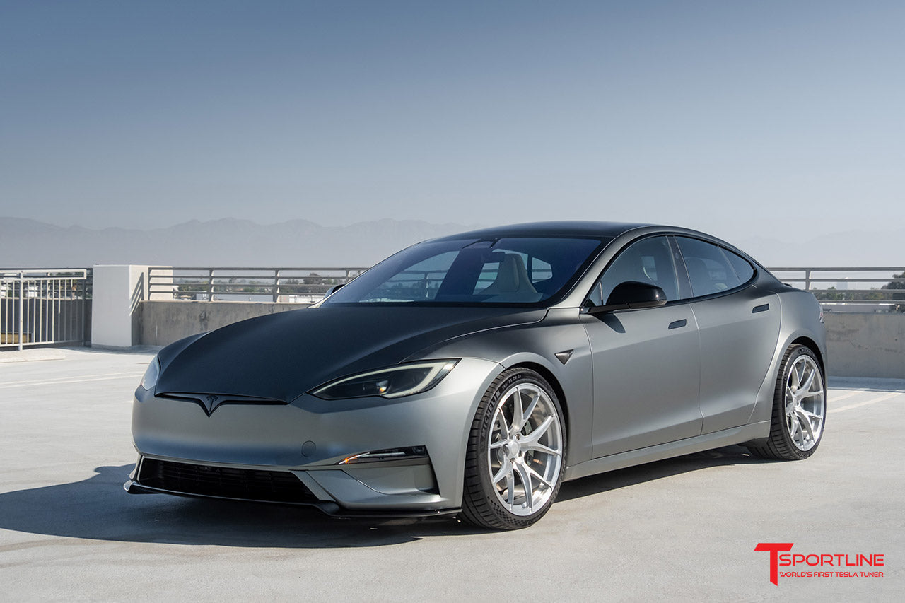 Inozetek Satin Midnight Moss Tesla Model S Plaid with 21" TS115 Forged Wheels in Brush Satin