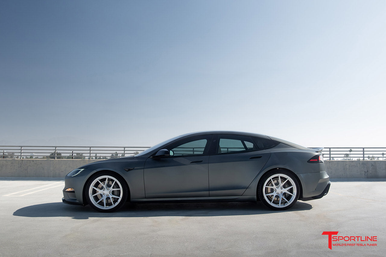 Inozetek Satin Midnight Moss Tesla Model S Plaid with 21" TS115 Forged Wheels in Brush Satin