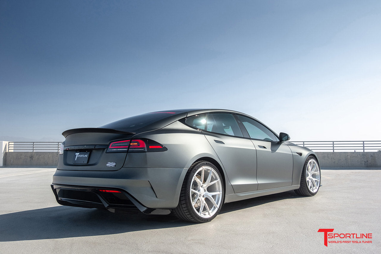 Inozetek Satin Midnight Moss Tesla Model S Plaid with 21" TS115 Forged Wheels in Brush Satin