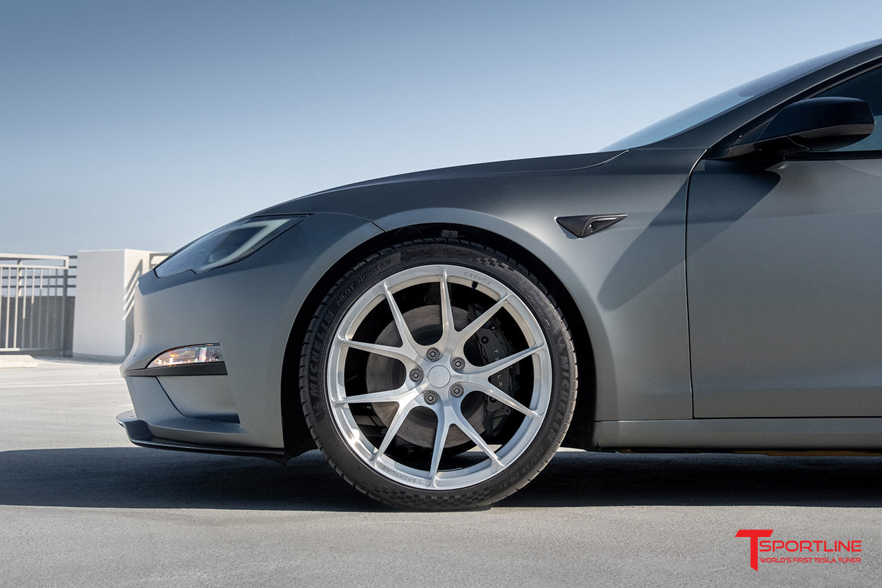 Inozetek Satin Midnight Moss Tesla Model S Plaid with 21" TS115 Forged Wheels in Brush Satin