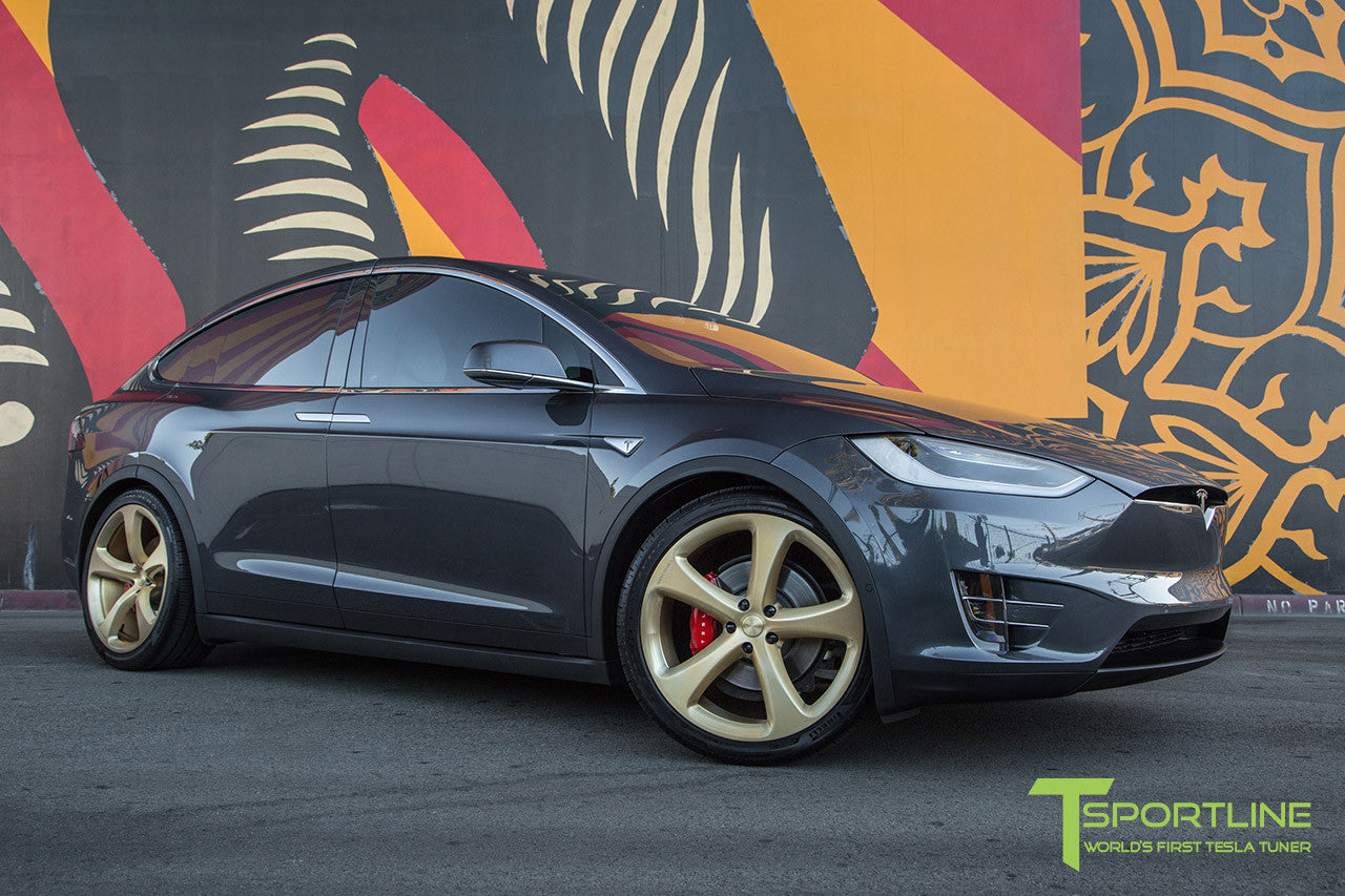 Midnight Silver Metallic Tesla Model X with Ghost Gold 22 inch MX5 Forged Wheels 