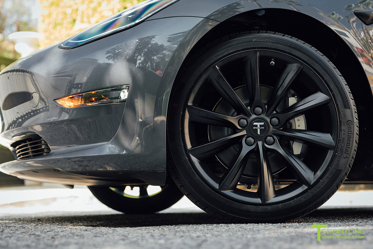Midnight Silver Metallic Tesla Model 3 with Matte Black 19 inch TST Turbine Style Wheels and Chrome Delete by T Sportline
