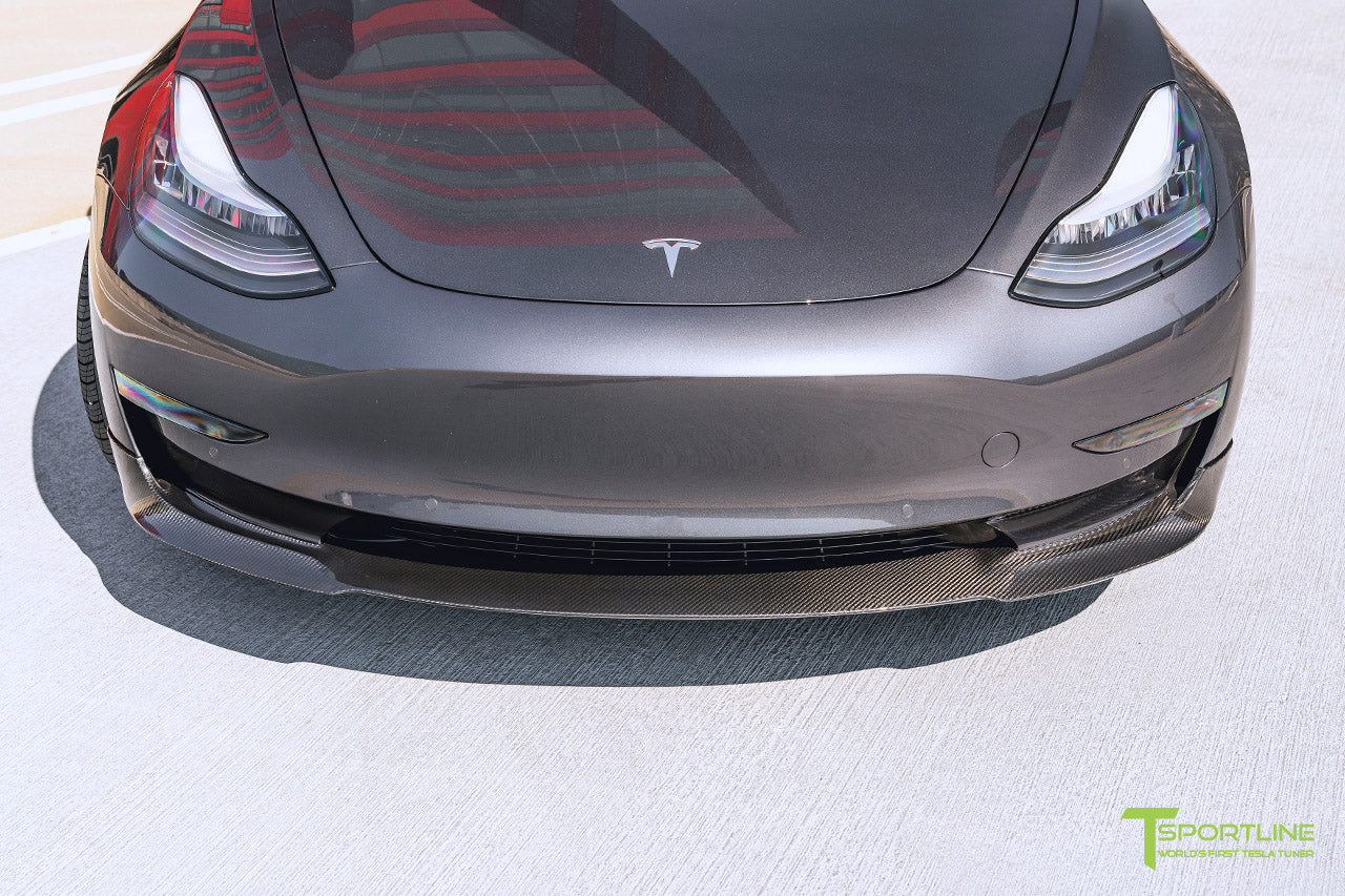 Midnight Silver Metallic Tesla Model 3 with Carbon Fiber Tesla Model 3 Front Apron (Front Splitter or Front Lip), Rear Diffuser, Side Skirt, and Rear Trunk Wing by T Sportline 