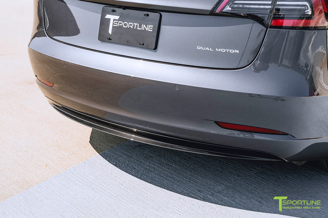 Midnight Silver Metallic Tesla Model 3 with Carbon Fiber Tesla Model 3 Front Apron (Front Splitter or Front Lip), Rear Diffuser, Side Skirt, and Rear Trunk Wing by T Sportline 