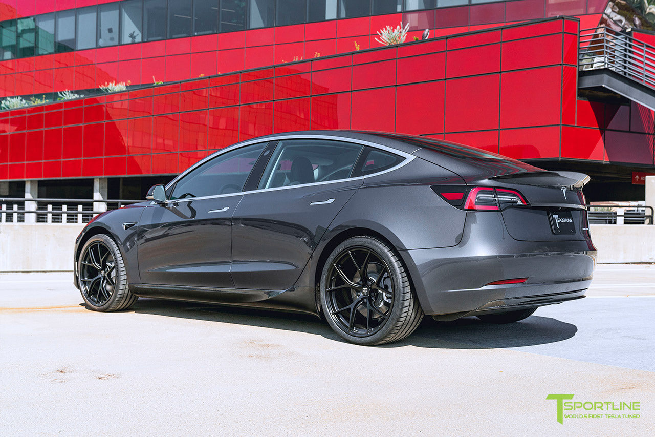 Midnight Silver Metallic Tesla Model 3 with Carbon Fiber Executive Trunk Wing Performance Lip Spoiler by T Sportline