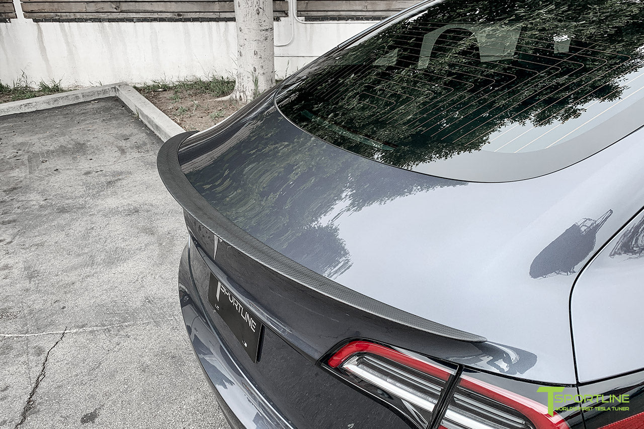 Midnight Silver Metallic Model 3 with Matte Carbon Fiber Trunk Wing Executive Performance Lip Spoiler by T Sportline 