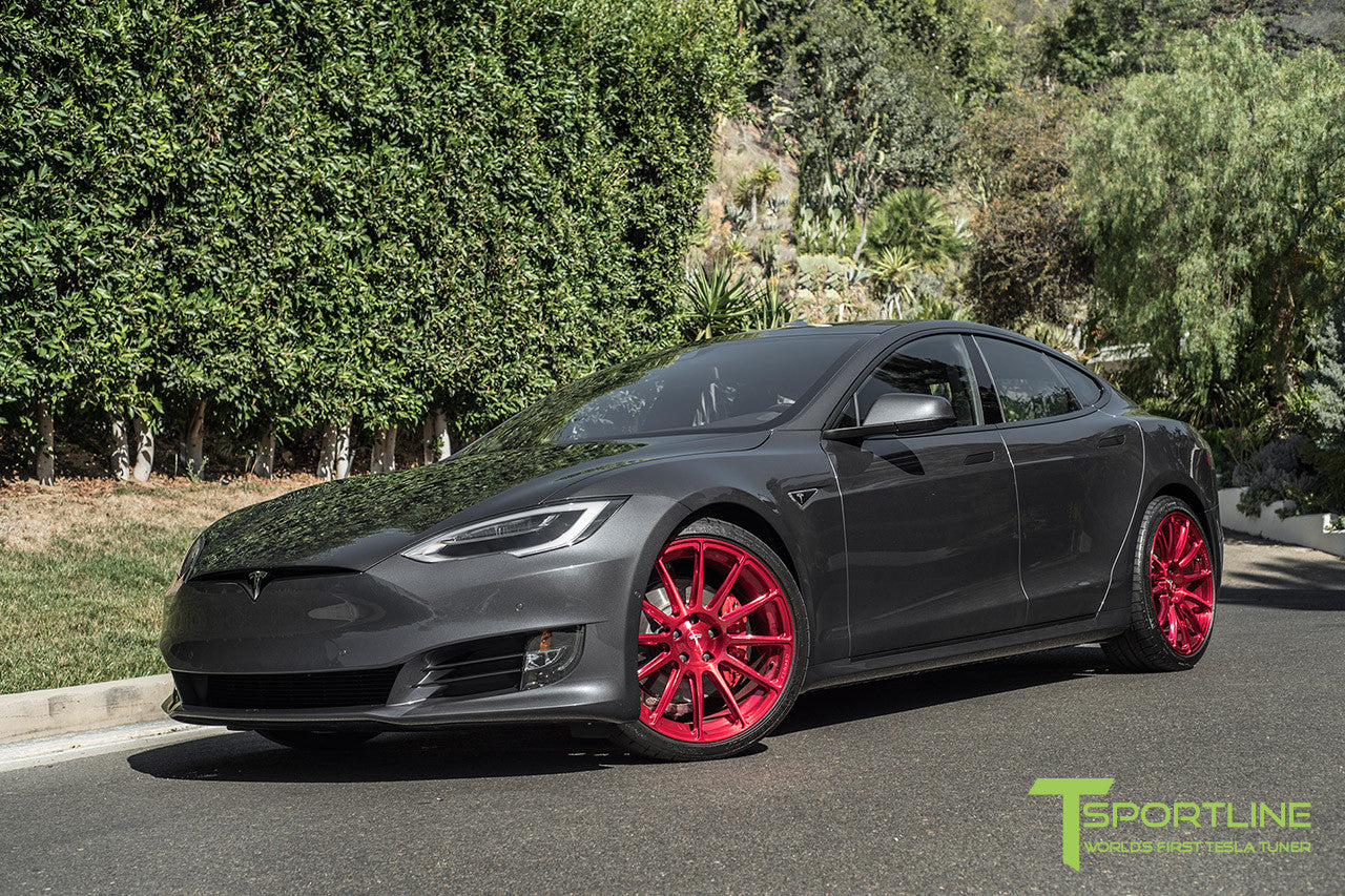 Midnight Silver Metallic Tesla Model S 2.0 with Velocity Red 21 inch TS112 Forged Wheels