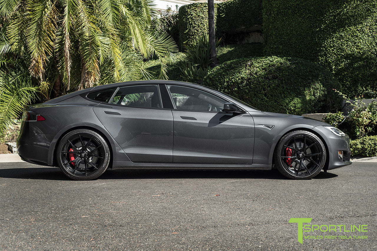 Midnight Silver Metallic Tesla Model S 2.0 with Gloss Black 21 inch TS115 Forged Wheels 