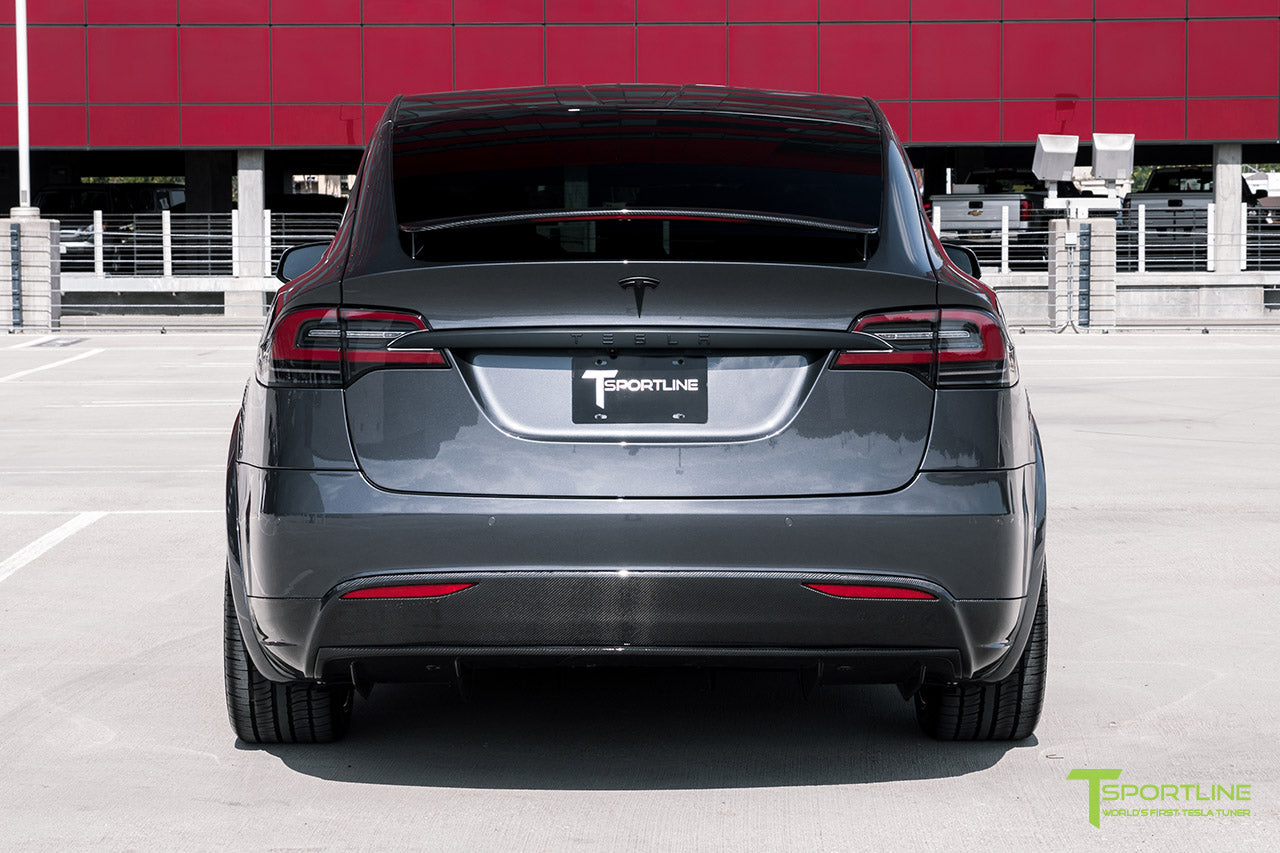 Midnight Silver Metallic Tesla Model X with Carbon Fiber Sport Package, Front Apron, Side Skirt Rocker Panel, Rear Diffuser, and Rear Wing by T Sportline 