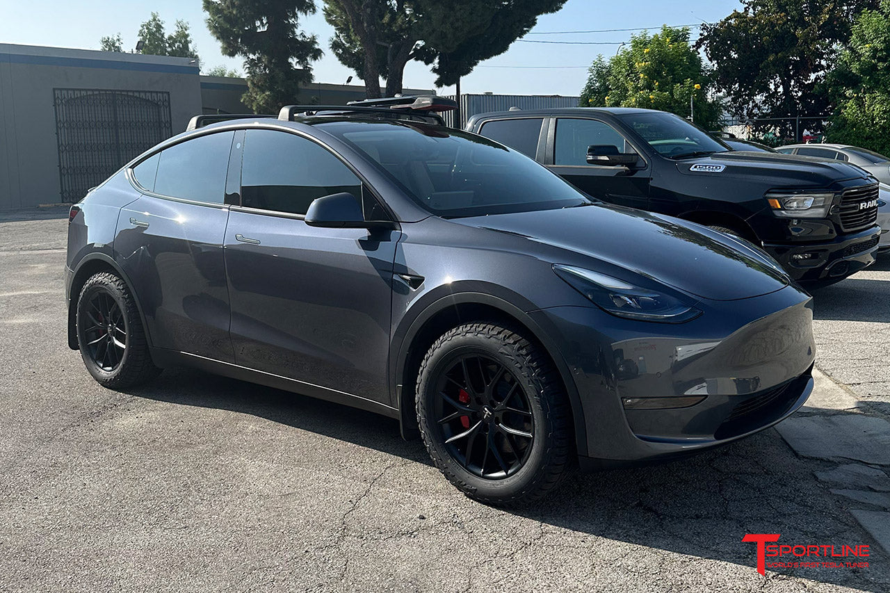 Midnight Silver Metallic Tesla Model Y with 18 inch TSR Overland Wheel and Tire Package by T Sportline