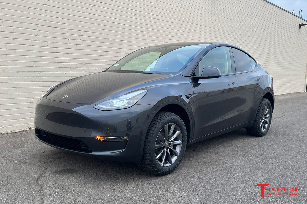 Midnight Silver Metallic Tesla Model Y with 18" TST Overland Wheels and Lift Kit