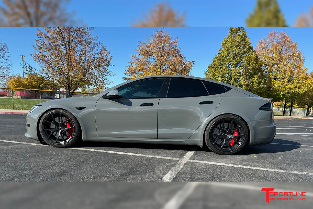 Nardo Gray Tesla Tesla Model S with 21" TXL115 Forged Wheels in Satin Black by T Sportline