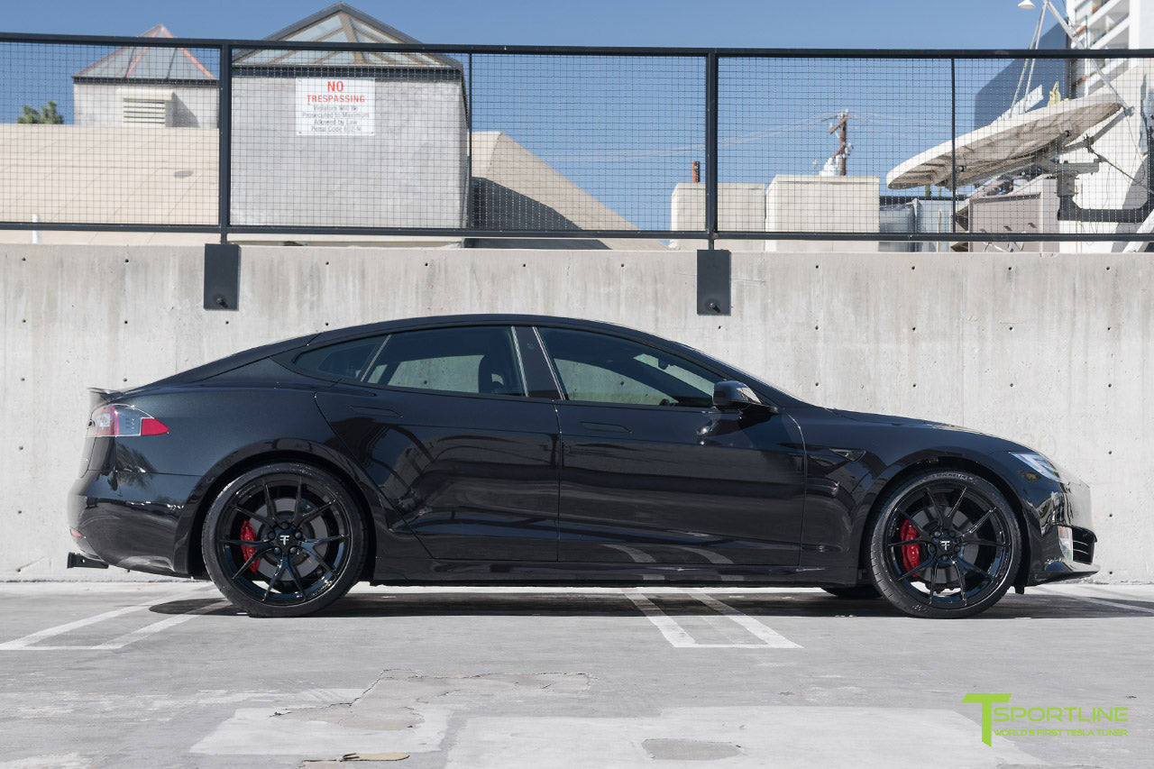 Obsidian Black Tesla Model S P100D with Gloss Black TS115 21 inch Forged Wheels and Chrome Delete Black Out by T Sportline 3