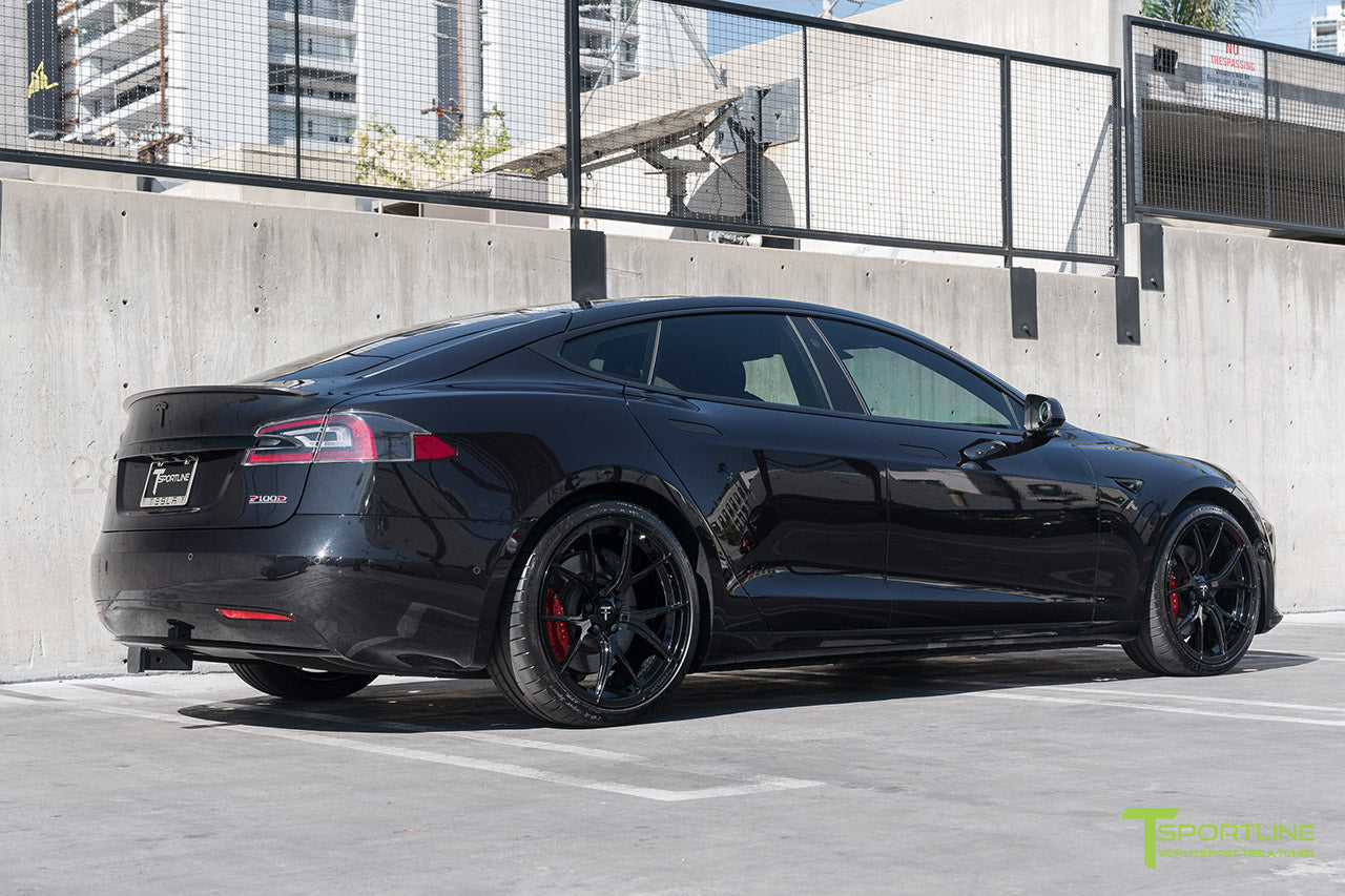 Obsidian Black Tesla Model S P100D with Gloss Black TS115 21 inch Forged Wheels and Chrome Delete Black Out by T Sportline