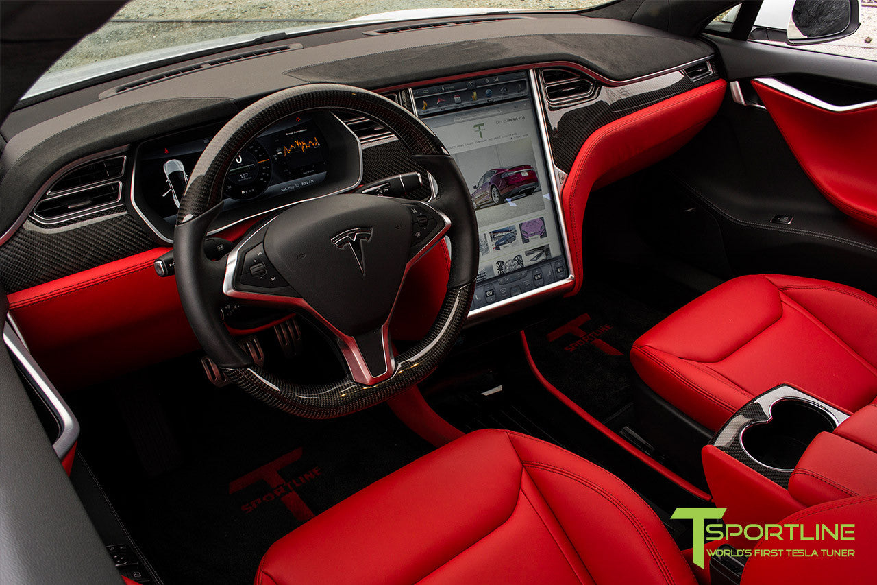 Project TS4 - Tesla Model S P90D - Custom Ferrari Rosso -  Carbon Fiber Dash Kit - Dashboard - Steering Wheel 