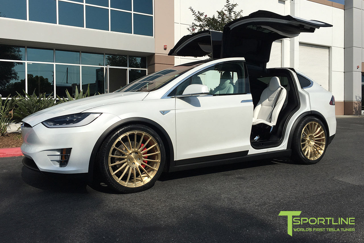 Pearl White Tesla Model X with Ghost Gold 22 inch MX118 Forged Wheels 
