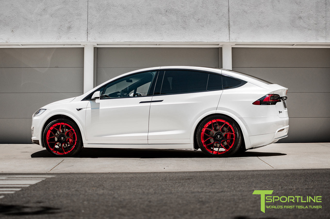 Pearl White Tesla Model X with Imperial Red 22 inch MX117 Forged Wheels by T Sportline