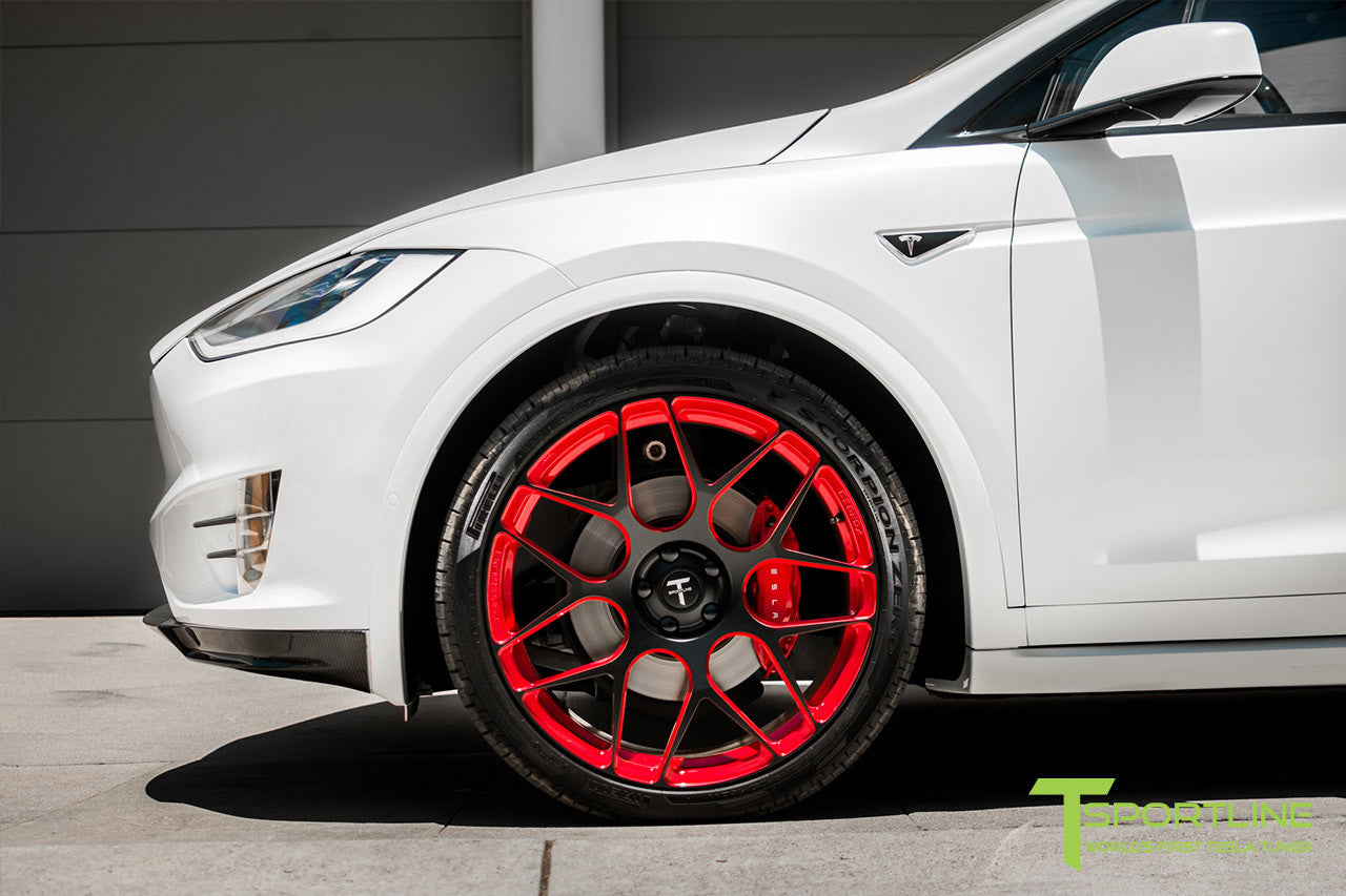 Pearl White Tesla Model X with Imperial Red 22 inch MX117 Forged Wheels by T Sportline