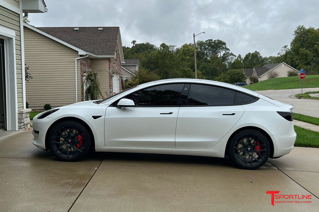 Pearl White Tesla Model 3 with 20" T3117 Forged Wheels  in Satin Black by T Sportline