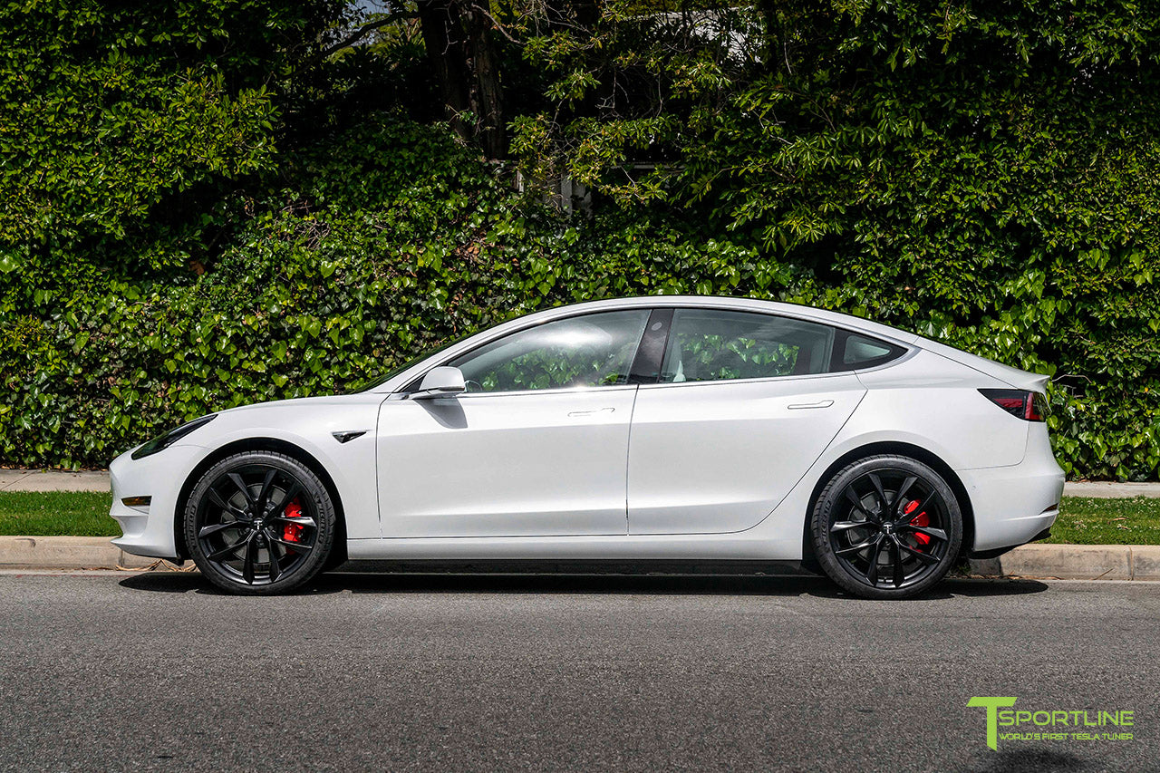 Pearl White Tesla Model 3 with 20 TSS Flow Forged Wheels in Matte Bla T Sportline Tesla Model S 3 X Y Accessories