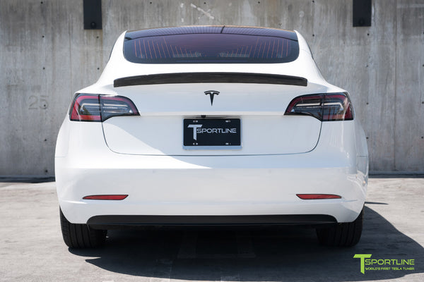 Pearl White Tesla Model 3 with Gloss Carbon Fiber Trunk Wing Spoiler b ...