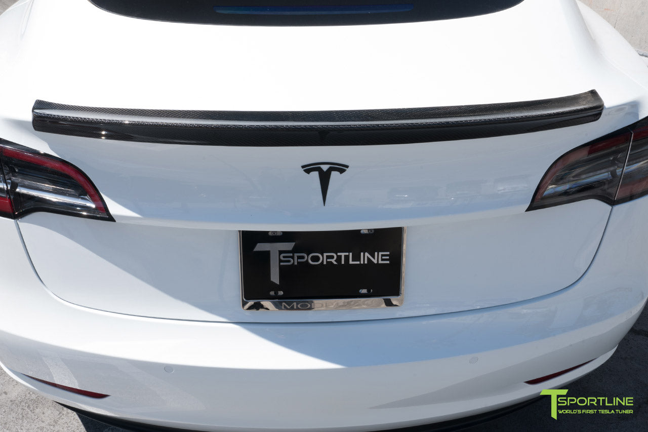 Pearl White Tesla Model 3 with Gloss Carbon Fiber Trunk Wing Spoiler by T Sportline