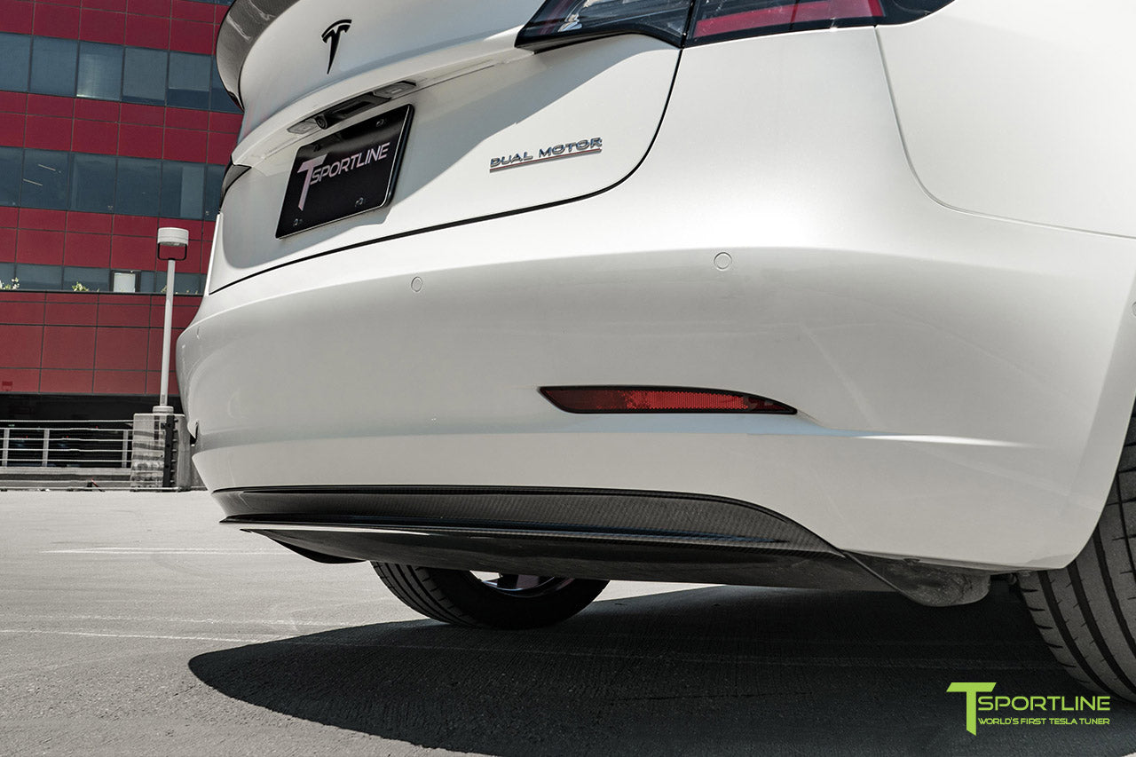 Pearl White Tesla Model 3 with Carbon Fiber Front Apron (Lip/Splitter), Side Skirts, Rear Diffuser, Executive Trunk Wing Lip Spoiler by T Sportline