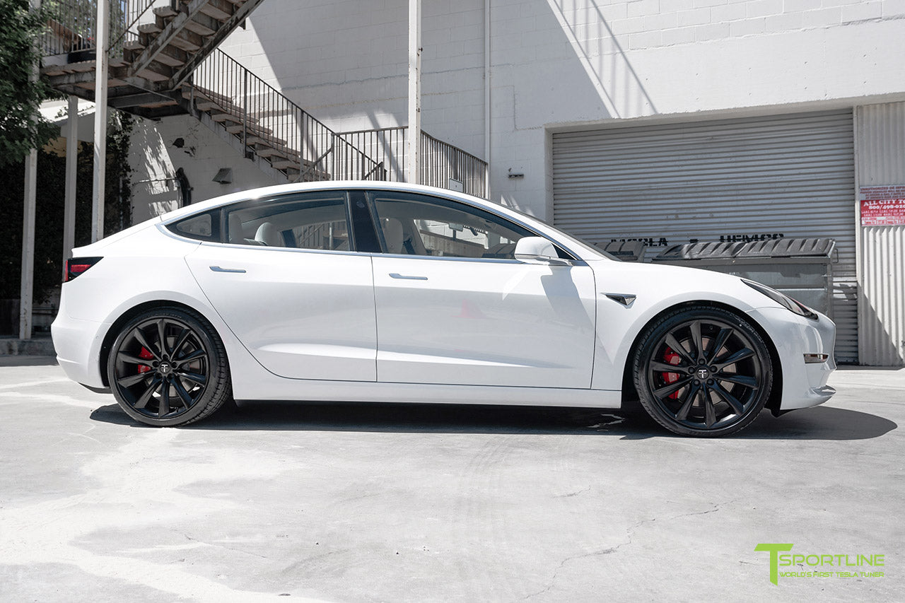 Pearl White Performance Dual Motor Tesla Model 3 with Lowering Springs and Matte Black 20 Inch TST Turbine Style Wheels by T Sportline 1