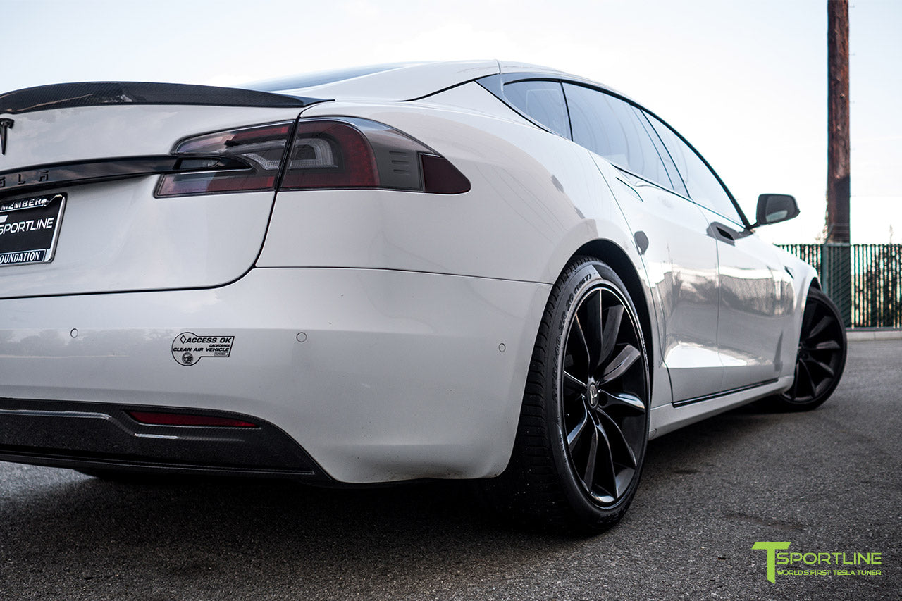 Pearl White Tesla Model S 2.0 (2016 Facelift) with Carbon Fiber Front Apron, Rear Diffuser, and Trunk Wing by T Sportline