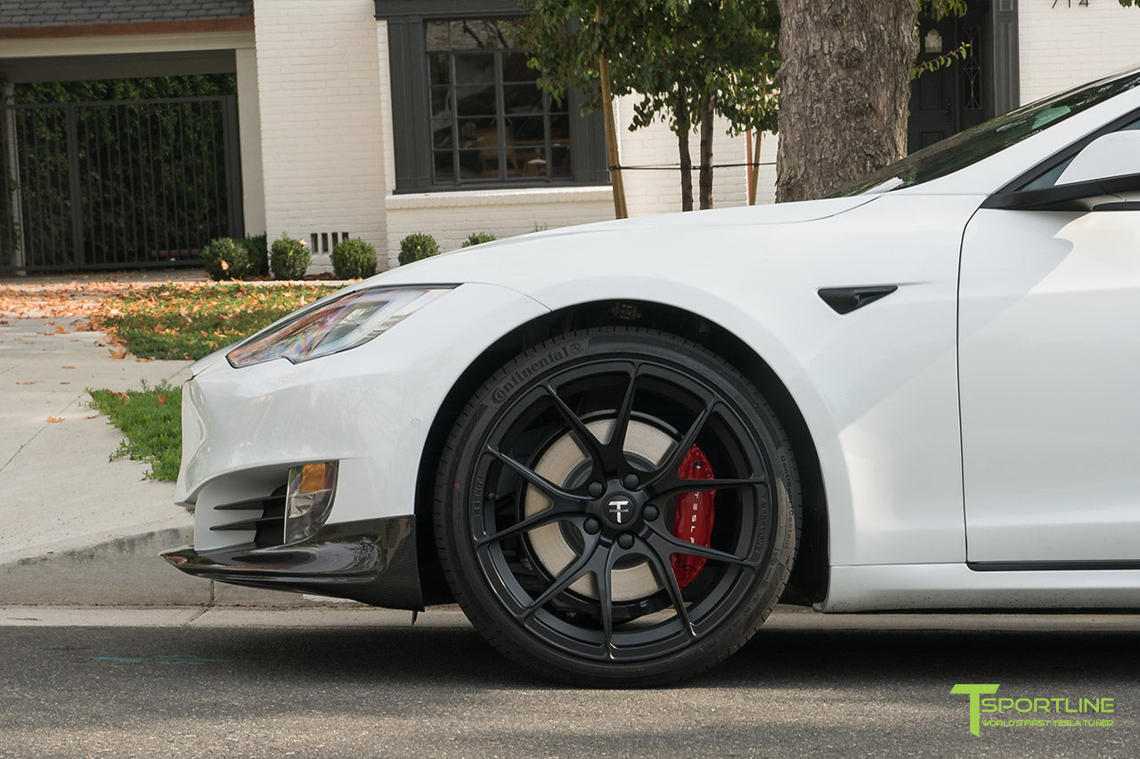 Pearl White Tesla Model S P100D with Matte Black TS115 Forged Wheels, Digital License Plate, and Carbon Fiber Sport Package (Front Apron, Trunk Wing, Rear Diffuser) by T Sportline 