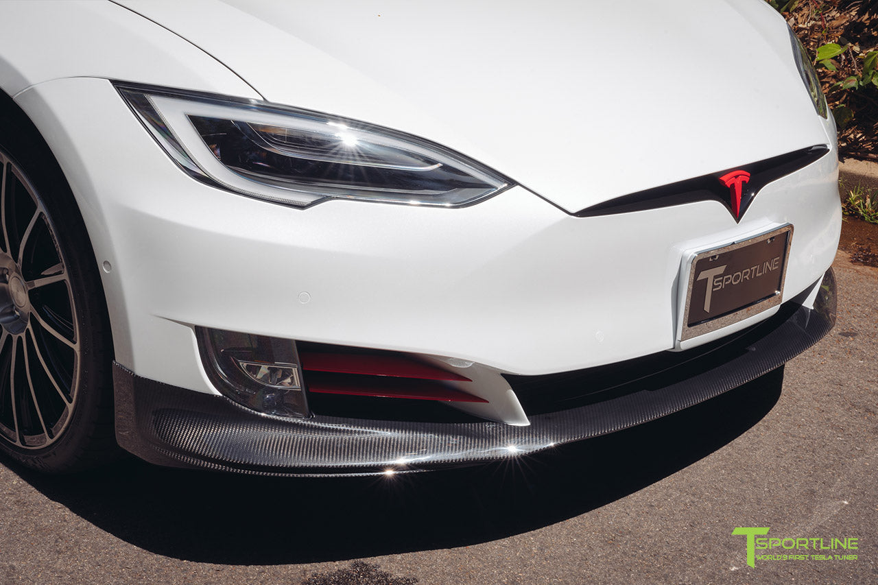 Pearl White Tesla Model S 2016 Facelift P100D with Carbon Fiber Front Apron Lip Diffuser Splitter by T Sportline