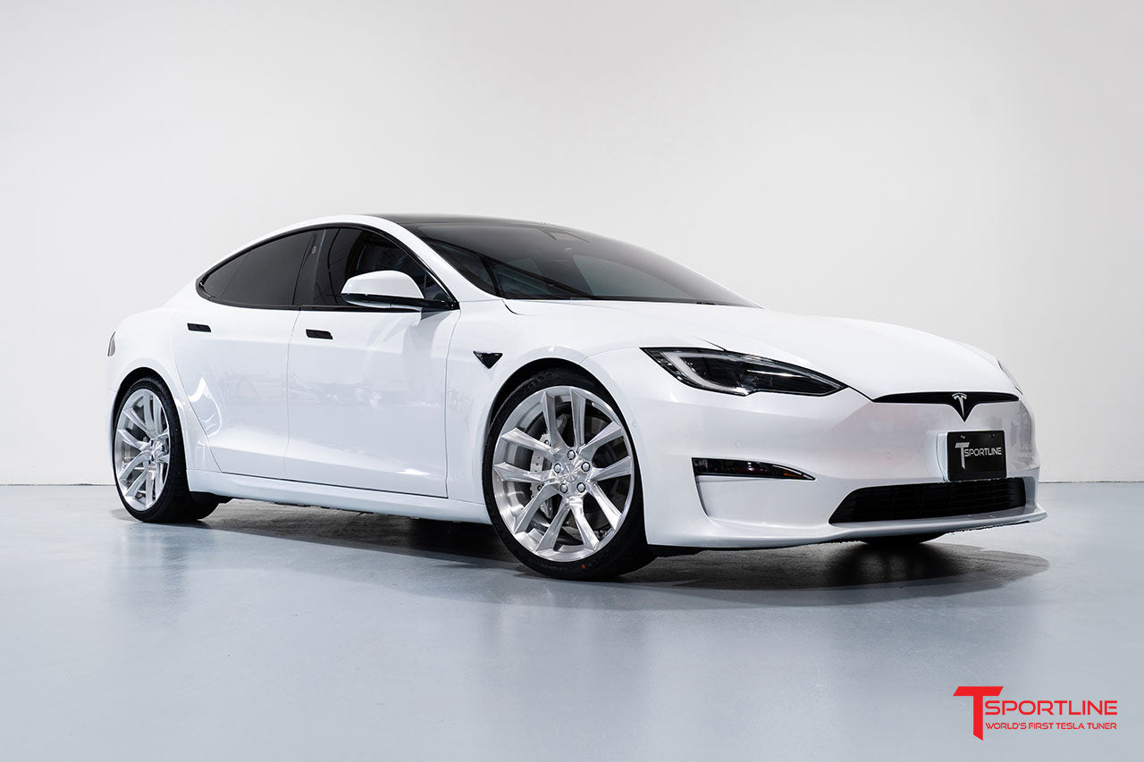 Pearl White Tesla Model S Plaid with 21" TSSF Brush Satin Tesla Aftermarket Forged Wheels, Window Tint, Tinted Headlights, Tinted Taillights and Custom Painted Brake Calipers in Pearl White by T Sportline