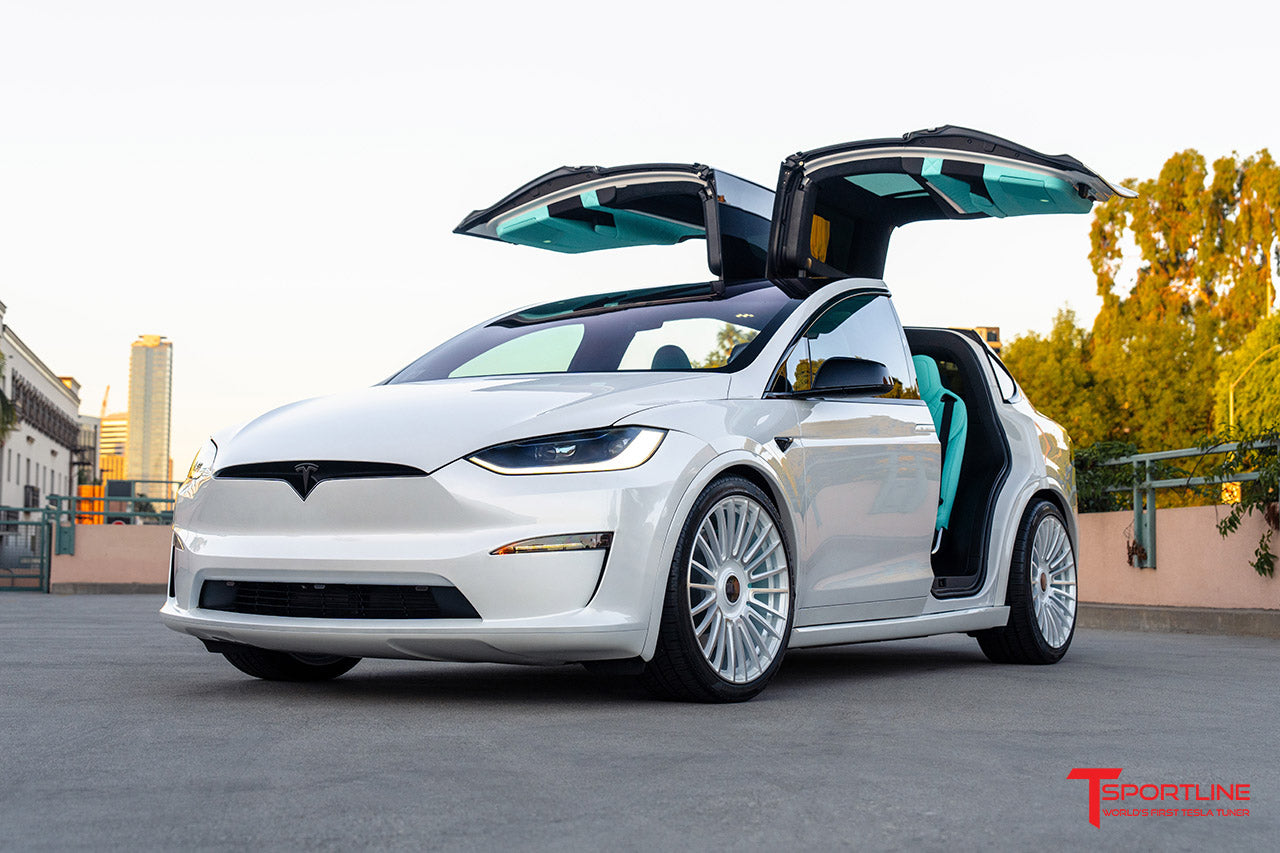Pearl White Tesla Model X with Custom Tiffany Blue Leather Interior and 22" MX2022 Wheels