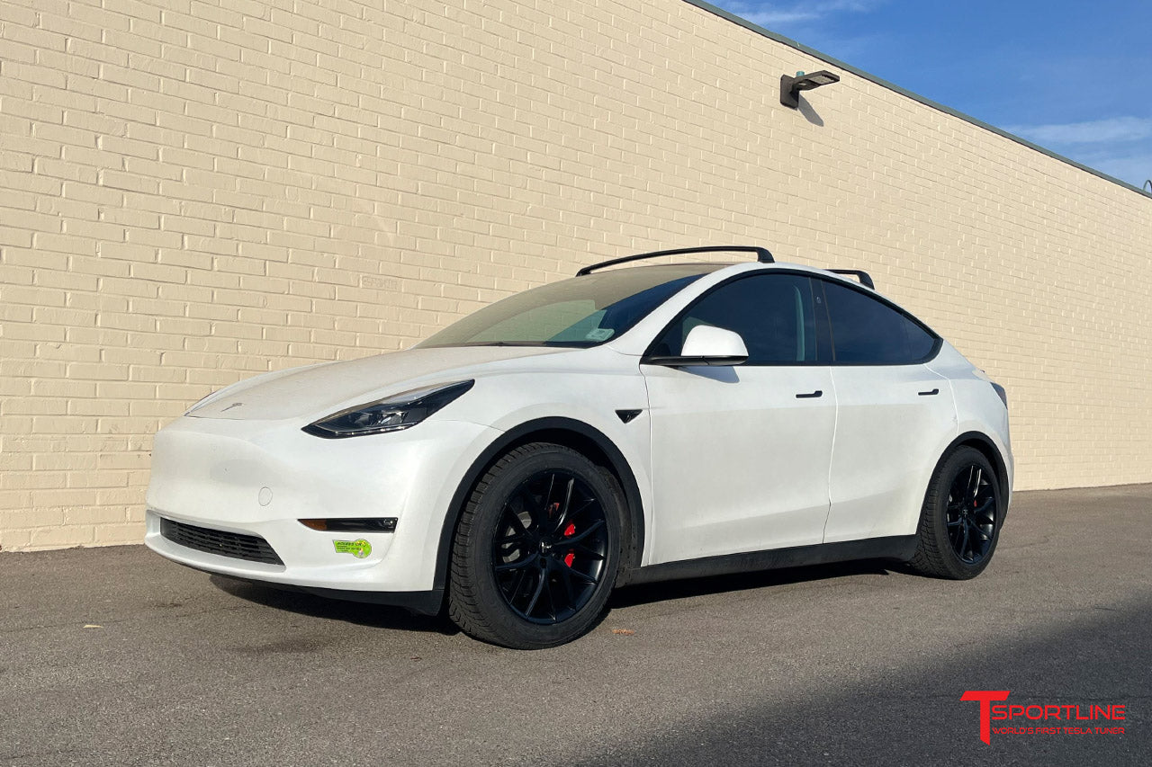 Pearl White Tesla Model Y with 19 inch TSR Aftermarket Wheels in Satin Black by T Sportline